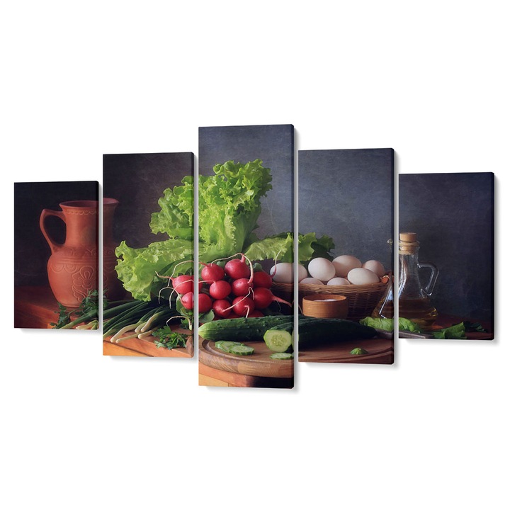 Картина 5 части Tabouri Premium Multicanvas Decor Set, Репички, Краставици, Салата, Яйца, 105 x 200 cm