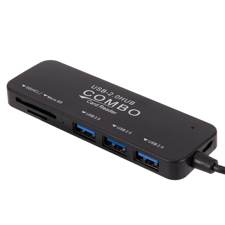 USB хъб и Card Reader, с 3 порта USB 2.0, Слот за SD и TF карти, Черен
