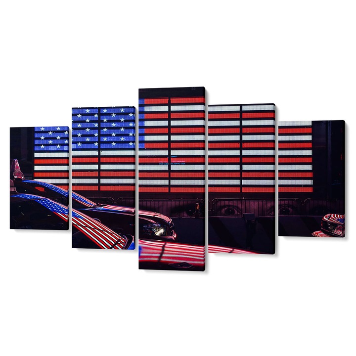 Комплект от 5 Tabouri premium multi-canvas декор, флаг на САЩ, отразен върху автомобили, 105 x 200 cm