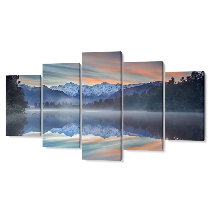 Комплект от 5 Tabouri premium multicanvas декор, Планина със сняг, отразен във водата, 55 x 100 cm