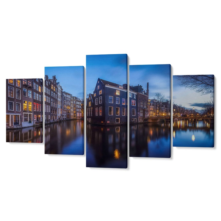 Комплект от 5 Tabouri Premium multicanvas декор, Symmetry в синя светлина. Амстердам, 55 х 100 см