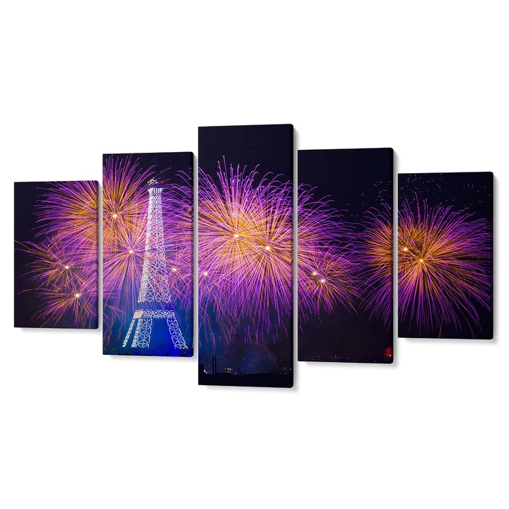 Set 5 piese Tabouri Decor multicanvas premium, Artificii violet langa Turnul Eiffel, 80 x 150 cm