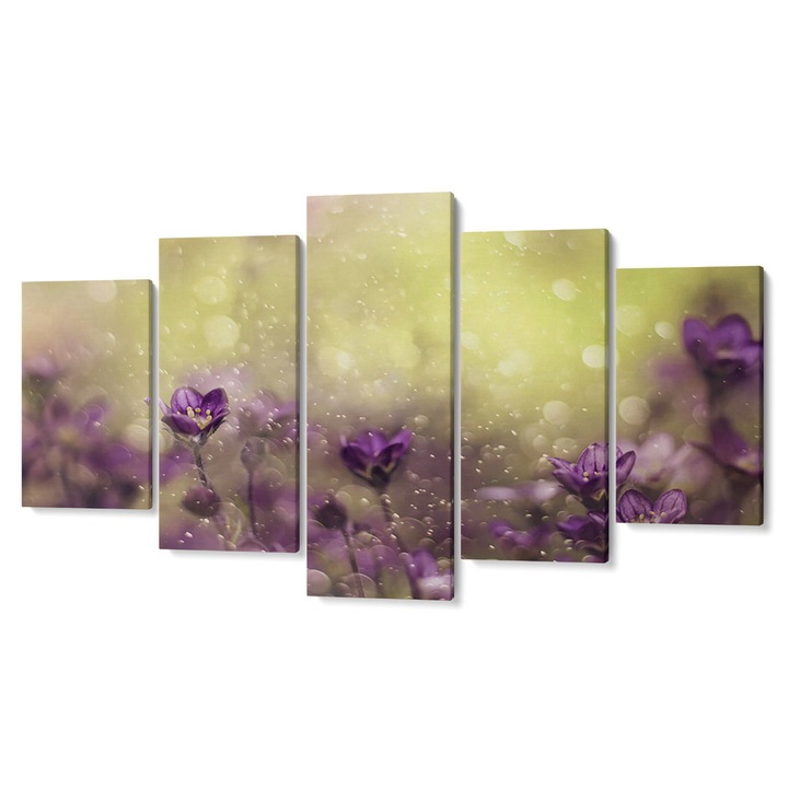 Set 5 piese Tabouri Decor multicanvas premium, Flori mov in ploaie, 80 x 150 cm