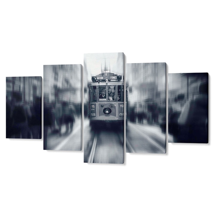 Комплект от 5 части Tabouri Premium multicanvas decor, Трамвай в сивия град, 105 x 200 cm