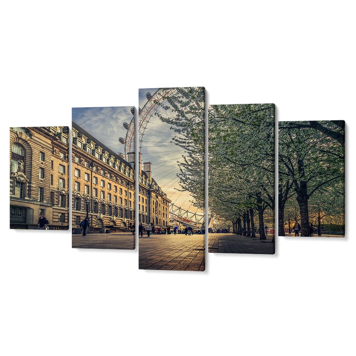 Többrészes prémium vászon dekorkép, Régi épületek és virágzó fák, 105 x 200 cm