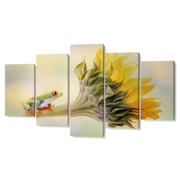 Set 5 piese Tabouri Decor multicanvas premium, Broscuta pe floarea soarelui, 105 x 200 cm