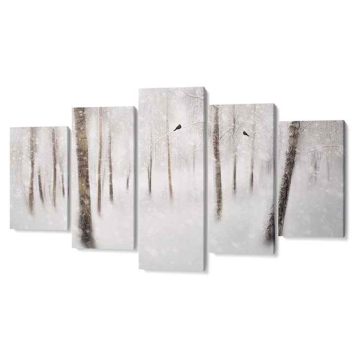 Комплект от 5 Tabouri premium multicanvas декор, Две птици в гората със сняг, 105 x 200 см