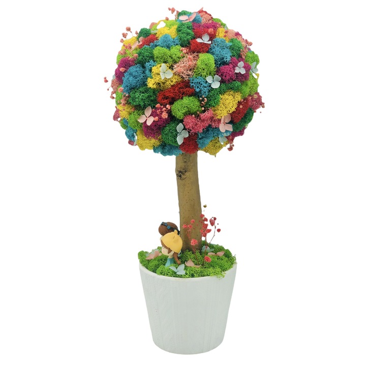 Aranjament floral tip Copacel / Pomisor cu licheni naturali stabilizati si plante naturale criogenate si uscate, Eventissimi, Multicolor, 36 cm, vaza ceramica