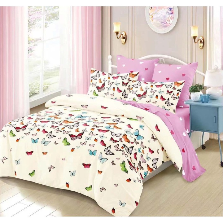 Фино спално бельо, 2 лица, 6 части, шарка с пеперуди, розово-бяло