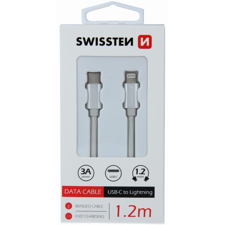 Кабел за данни Swissten textile usb-c/lightning 1.2 м, Silver