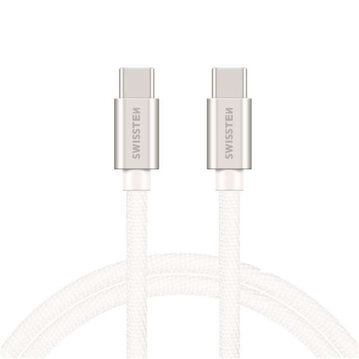 Swissten adat- és töltőkábel textil bevonattal, USB-C/USB-C 2 m, ezüst/fehér