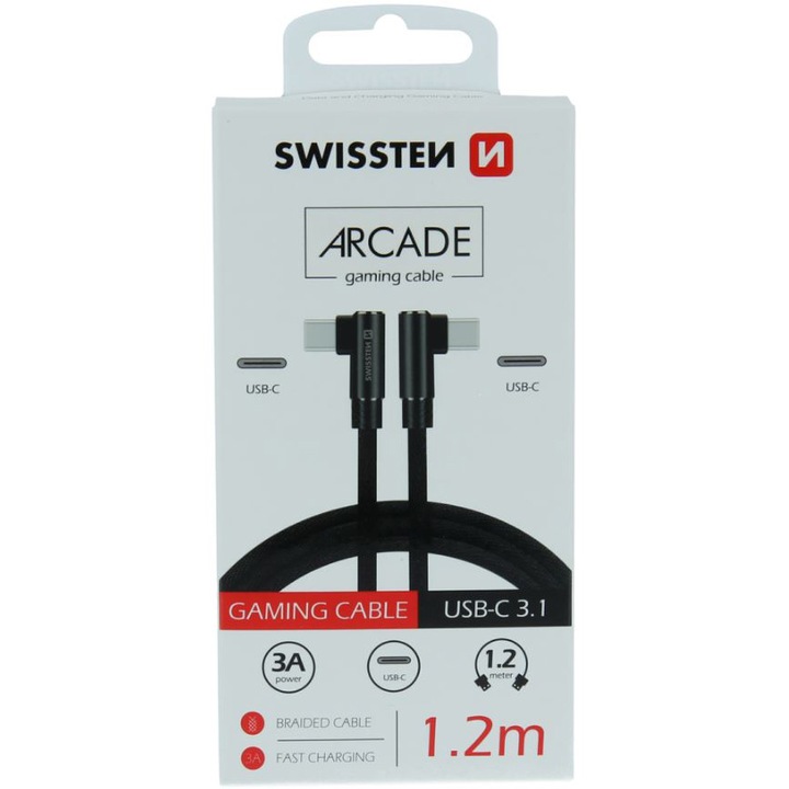 Swissten Arcade gaming adatkábel textil bevonattal, USB-C/USB-C, 1,2 m fekete