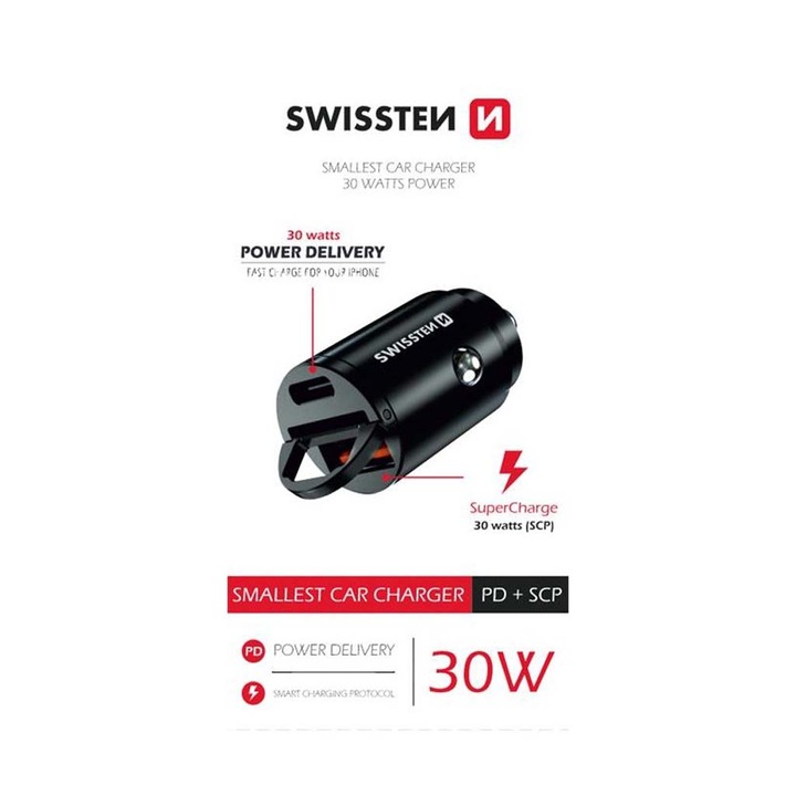 Адаптер за зарядно за кола Swissten PowerDeliver USB-C + Super Charge 3.0, 30W, нано, черен