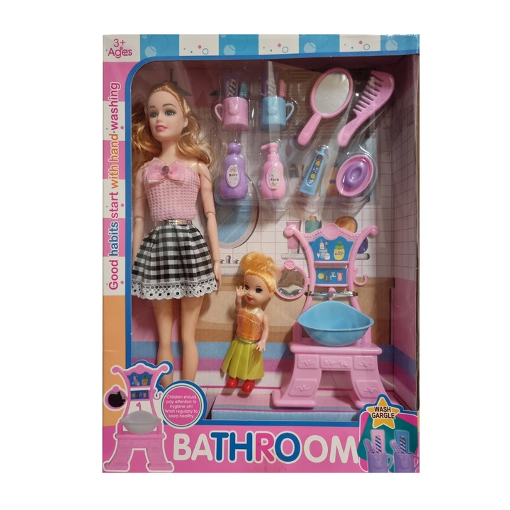 Babakészlet 17 cm plusz baba- és fürdőszobai kiegészítők - mosogató, kefe, tükör, fogkefék