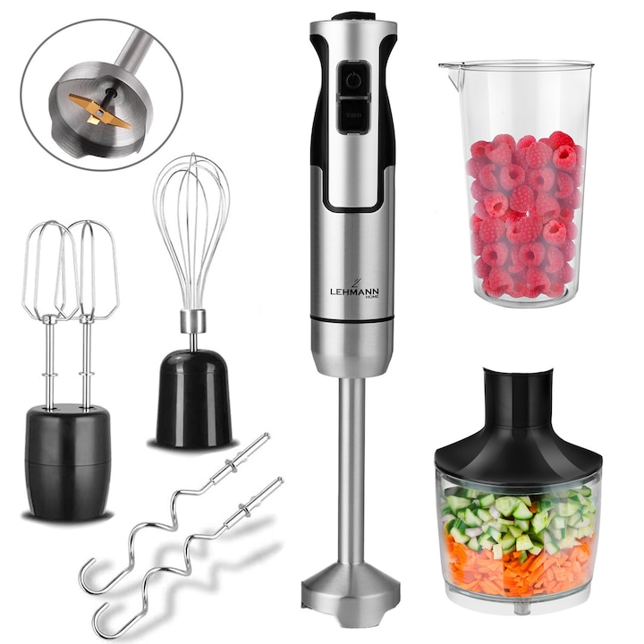 Mixer Vertical Set, Blender de mana Lehmann Chowmei, 1200W, Multifunctional, Tocare si Mixare, 8 viteze, 1.5L