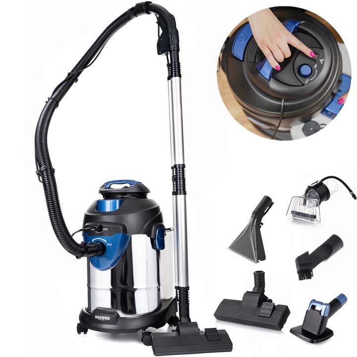 Aspitaror cu spalare, Kanwod Superwash, 1400/2000 W, Multifunctional, Multisuprafete, Cu spalare, Capacitate 20 l, 10 Kg, Gri/Albastru