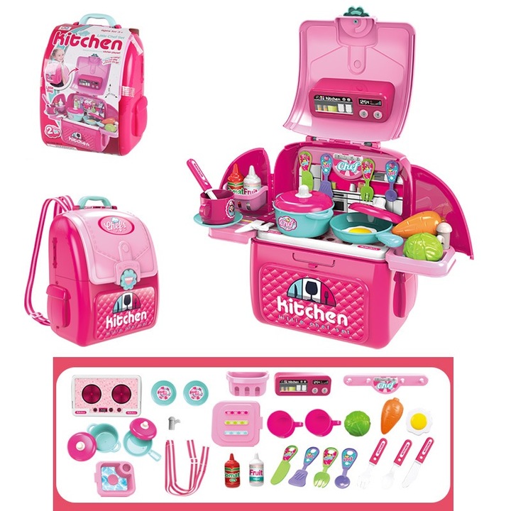Jucarie de rol, Bucataria din Ghiozdan 2in1, Micuta Bucatareasa, cu 28 Accesorii, in Forma de Ghiozdan cu Bretele Ajustabile, Roz