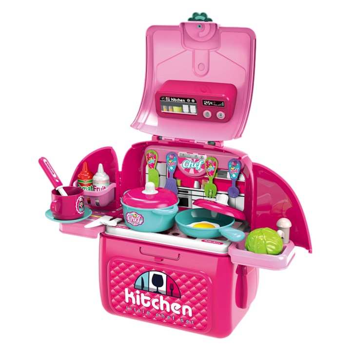 Jucarie de rol, Bucataria din Ghiozdan 2in1, Micuta Bucatareasa, cu 28 Accesorii, in Forma de Ghiozdan cu Bretele Ajustabile, Roz