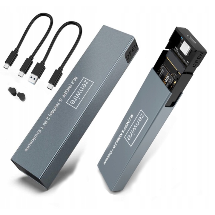 Carcasa Externa SSD M.2 NVME SATA, Adaptor NGFF PCIe, Zenwire®, USB 3.1 Gen 2, USB 3.0, Pana la 6Gbps/10Gbps, Rack Extern pentru SSD-uri 2242 2260 2280, Support UASP Trim, Aluminiu