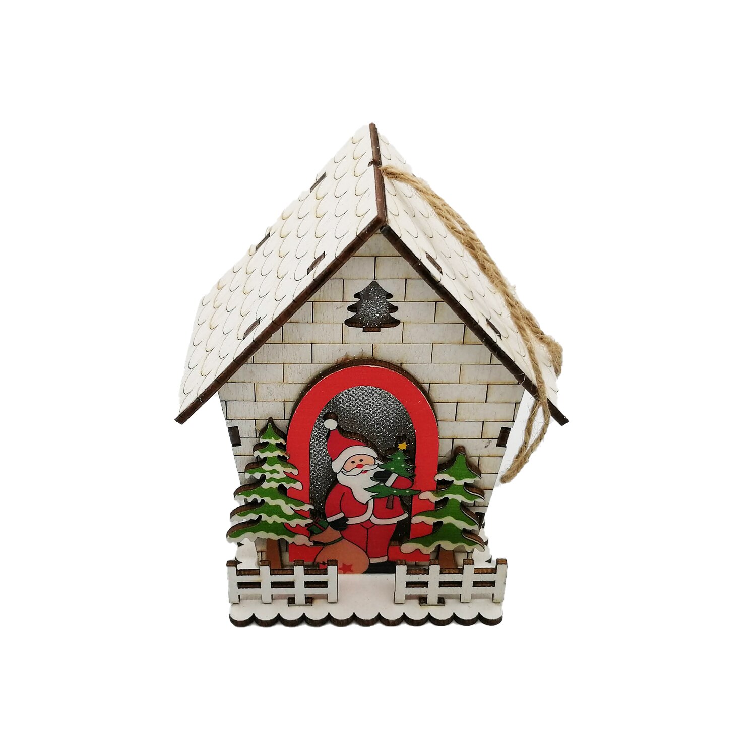 Decoratiune Craciun, Casuta din Lemn Decupat cu Lumina calda LED, 12x7x8 cm, alb, Vision®