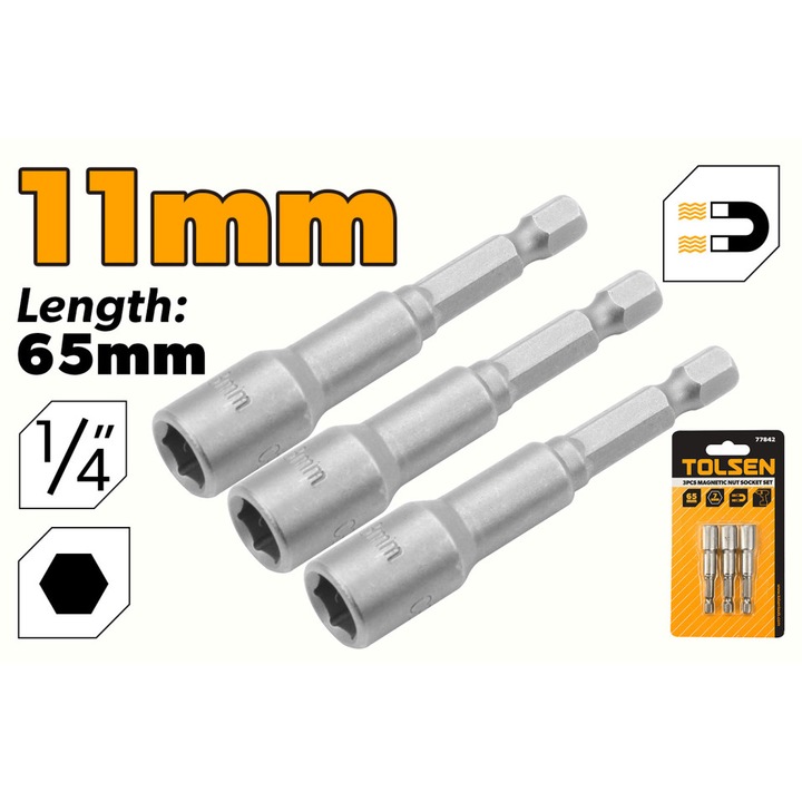 Set 3 mufe piulita magnetice 11mm TOLSEN, lungime 65mm, din otel 40Cr, cu magnet puternic, prindere hexagonala 1/4" cu eliberare rapida, pentru autofiletante si masini de insurubat
