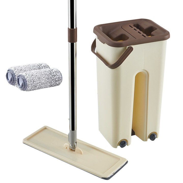 Set galeata 2 cuve, cu storcator si 2 rezerve mop pentru curatenie, pentru curatarea multiple suprafete, Bej/maro