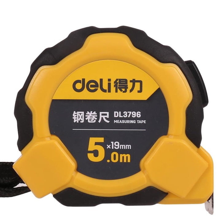 Ruleta din Otel Deli, 5m x 19mm, Buton Blocare Automata, Carcasa Cauciuc
