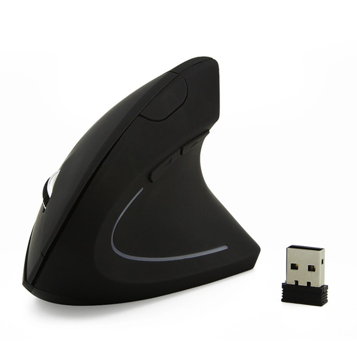 Вертикална мишка, Ергономична, Безжична 2.4G, LED, 800/1200 DPI, Черна