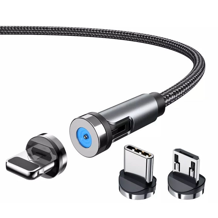 Cablu magnetic USB 2.0 pentru incarcare telefon / tableta EVTrend®, 3 in 1, rotatie 540 grade, USB-C, Micro USB, compatibil cu Apple, 5V, 2A, 1m, Negru