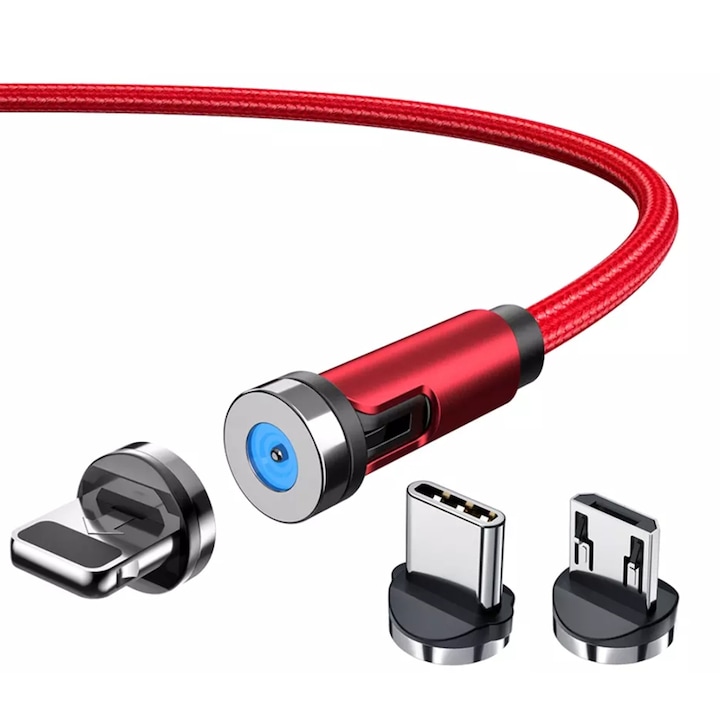 Cablu magnetic USB 2.0 pentru incarcare telefon / tableta EVTrend®, 3 in 1, rotatie 540 grade, USB-C, Micro USB, compatibil cu Apple, 5V, 2A, 1m, Rosu
