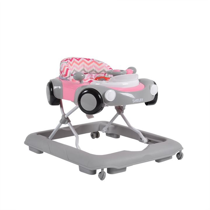 Premergator Reglabil in 3 Trepte NOVOKIDS™ Shelby Mini Car, Pliabil, 8 Roti, Cu Melodii si volan, Model Masinuta, Roz
