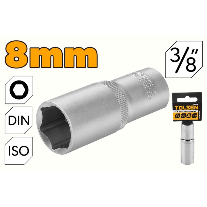 Cheie tubulara adanca TOLSEN 3/8" Cr-V 8 mm, 50BV30, tratata termic, standard DIN3124/ISO2725, canelura retinere, cromata, utilizare manuala, Industrial