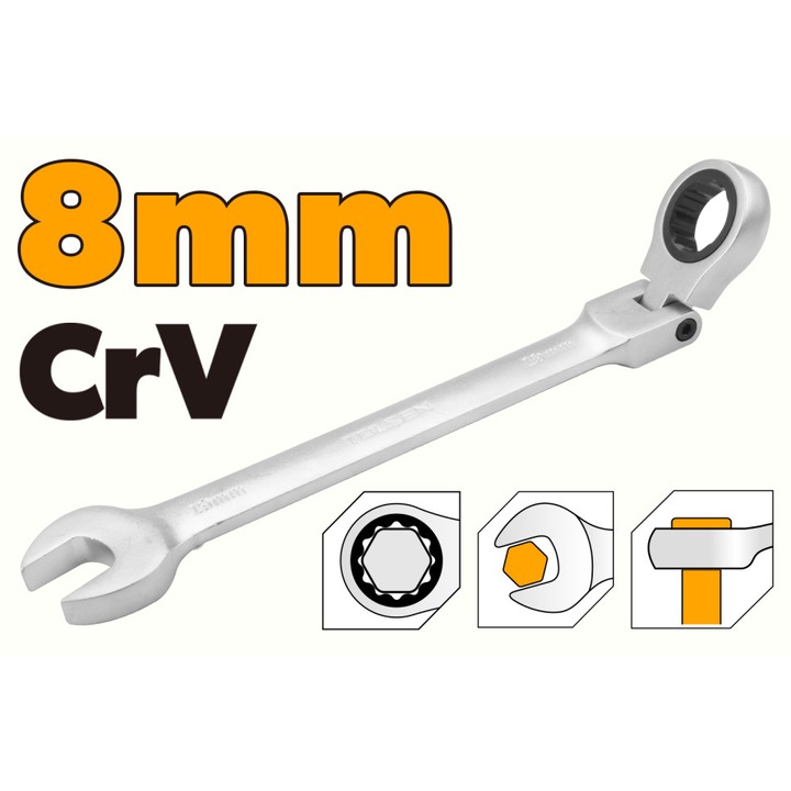 Cheie combinata cu clichet cap flexibil TOLSEN 8 mm, Cr-V, finisaj cromat, otel crom-vanadiu, ideala pentru spatii inguste si lucrari de precizie