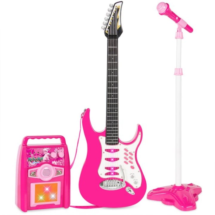 Zola Játék gitár készlet, erősítővel és mikrofonnal, On-Off funkció, rózsaszín