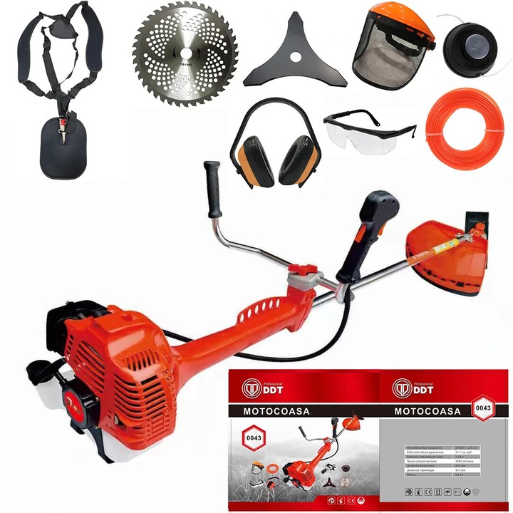 Motocoasa DDT DDT-0043, 6,5 CP, 51,7 CC, 2 timpi, 6000 RPM, 150 cm lungime arbore,8 accesorii incluse
