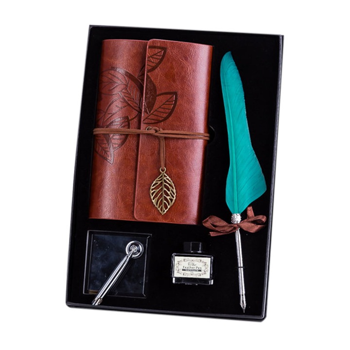 Set cadou caligrafie cu pana de scris, calimara cerneala, agenda cu coperta din piele ecologica, reutilizabila, suport birou, stilou cu penita, vintage, verde turcoaz