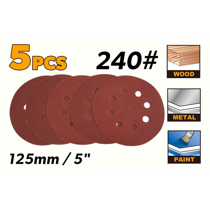 Set 5 discuri abrazive TOLSEN 125 mm, Granulatie 240, Compatibile TOLSEN 79565/79761, Pentru metal, lemn si vopsea, Durabilitate ridicata, Uz profesional