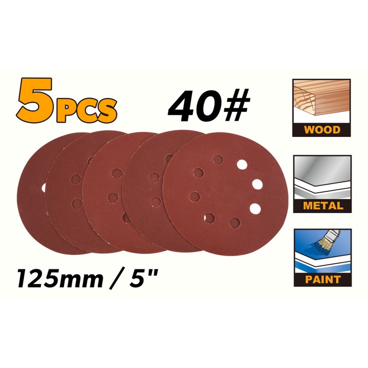 Set 5 discuri abrazive TOLSEN 125 mm, Granulatie 40, Compatibile TOLSEN 79565/79761, Pentru metal, lemn si vopsea, Durabilitate ridicata, Uz profesional