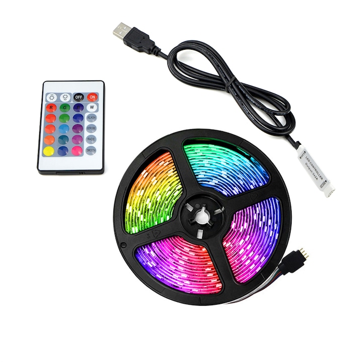 Andowl RGB LED szalag szett USB-vel, 3m hosszú, távirányító, TV-hez, PC-hez, autóhoz, otthoni, dekoratív világítás, IP67