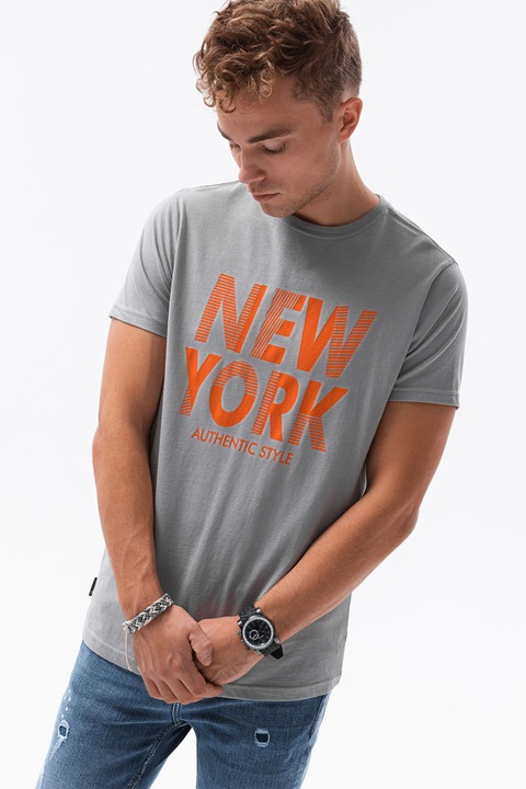 OMBRE, Tricou de bumbac cu imprimeu, NY, Gri/Portocaliu mandarina