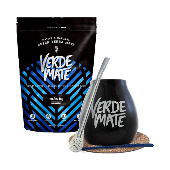 Yerba Mate Tea Készlet, Verde Mate Mas IQ 500g, Javítja az Agyműködést, Bögre Fekete Kerámia, 350 ml, Bombilla