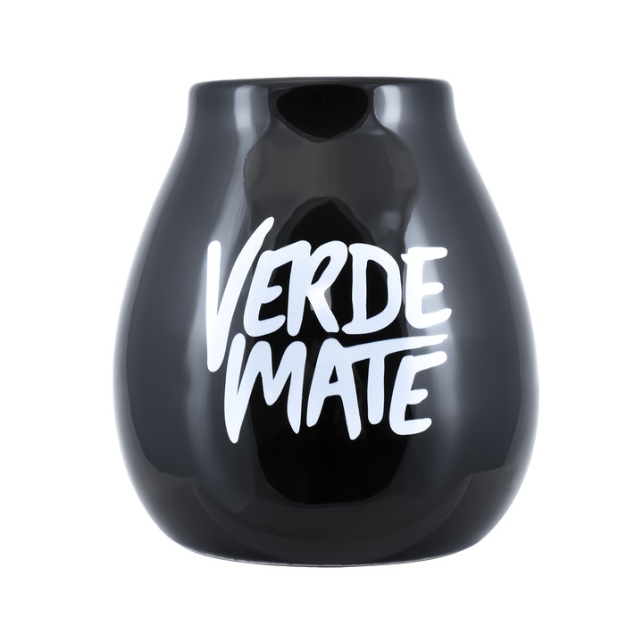 Cana Pentru Yerba Mate, Cebador, Ceramica, Negru, 350 ml, Design Traditional, Logou Verde Mate, Glazurata la Interior si Exterior, Rezistenta