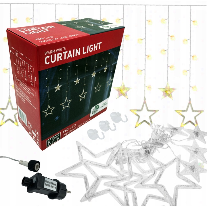 Instalatie de craciun, perdea luminoasa ploaie, 12 stele mari si mici, alb cald cu temporizator 2m 130 led-uri