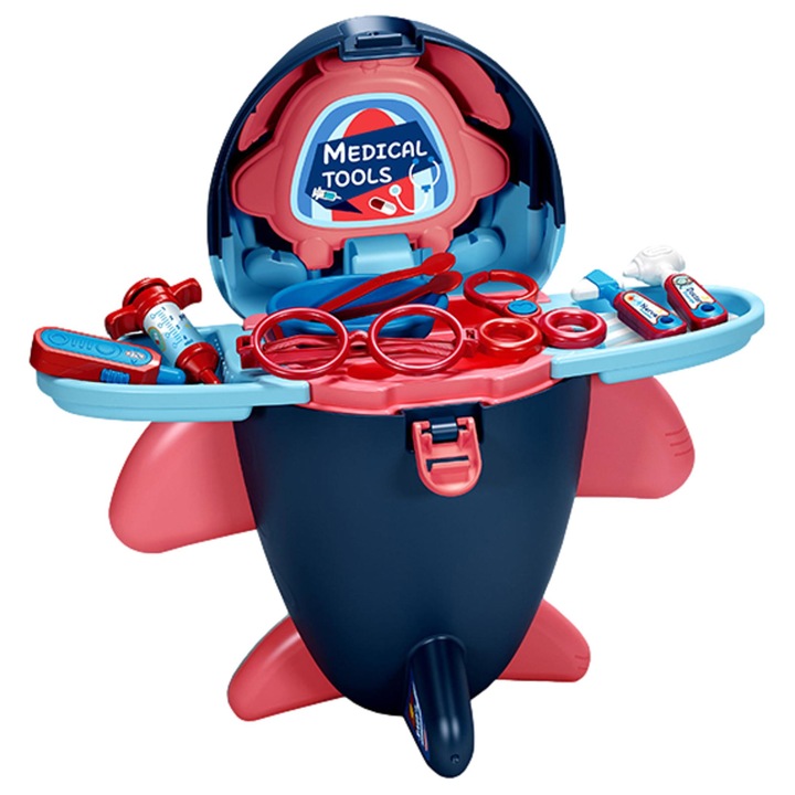 Set jucarie de rol, Mini Trusa medicala Asistenta Doctor, Avionul Medical, Albastru