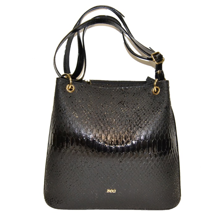 Geanta Zea,256, casual de mana, negru cu aspect piele sarpe lacuita