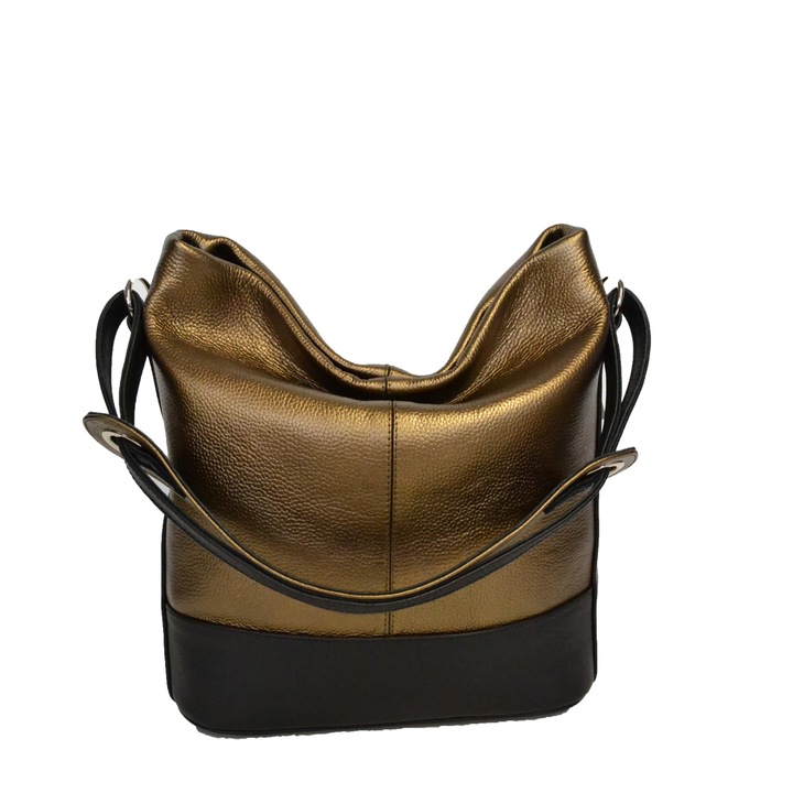 Geanta Zea,115, Casual, neagra de piele, cu decor metaiizat de bronz