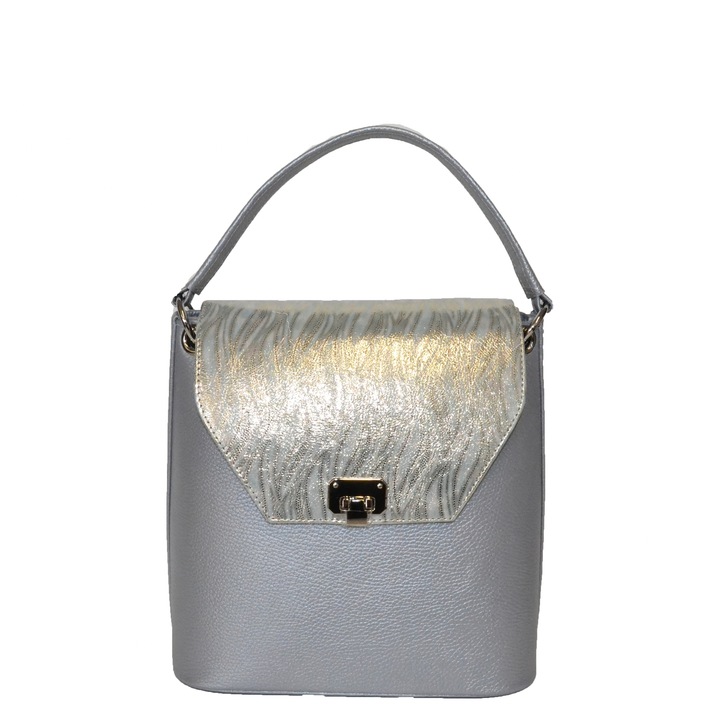 Geanta Zea,257, office, de mana, argintiu, cu clapeta model floral