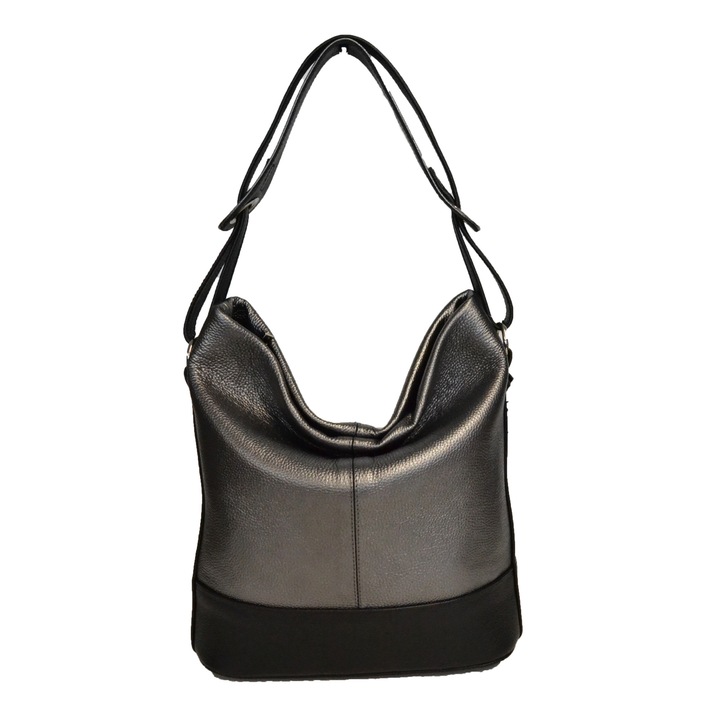 Geanta Zea,115, Casual, neagra de piele, cu decor argintizat