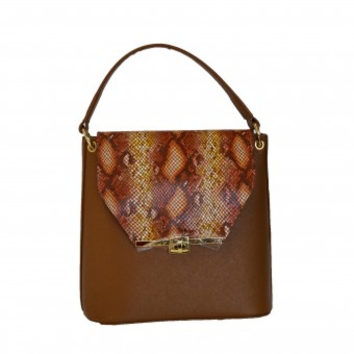 Geanta Zea,257, office, de mana, maro coniacg, cu clapeta model sarpe