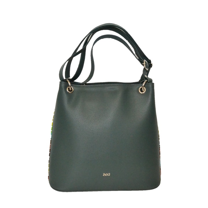Geanta Zea,256, casual de mana, verde cu model piele sarpe multicolor